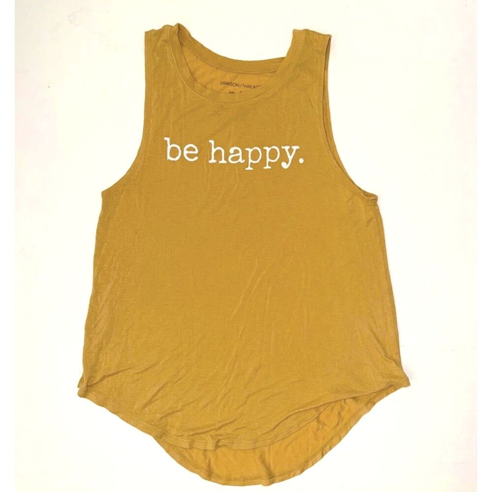 Grayson Threads Women's tank top S Be Happy mustard gold Yellow sleeveless shirt